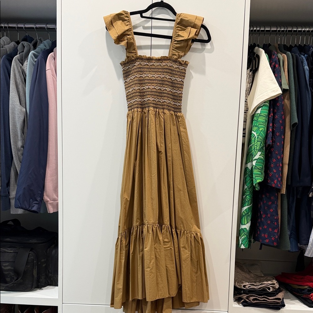Cara Cara Mustard Smocked Ruffle Strap Maxi Dress